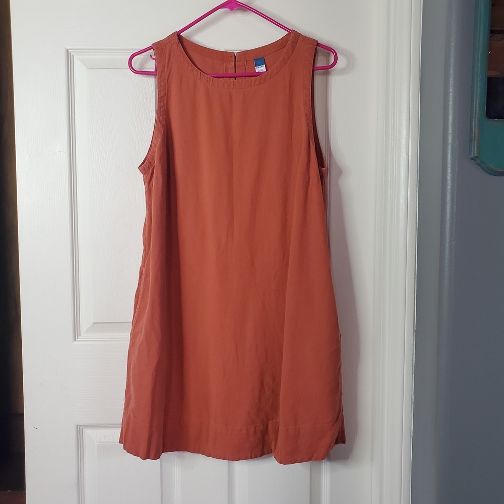 Linen Blend Terracotta Sleeveless Midi Dress Shift Sheath Flowy With Pockets Lrg